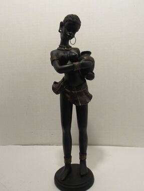 Vintage Resin African Tribal Figurine, Lady w/Water Jug 12" Folk Art Decor